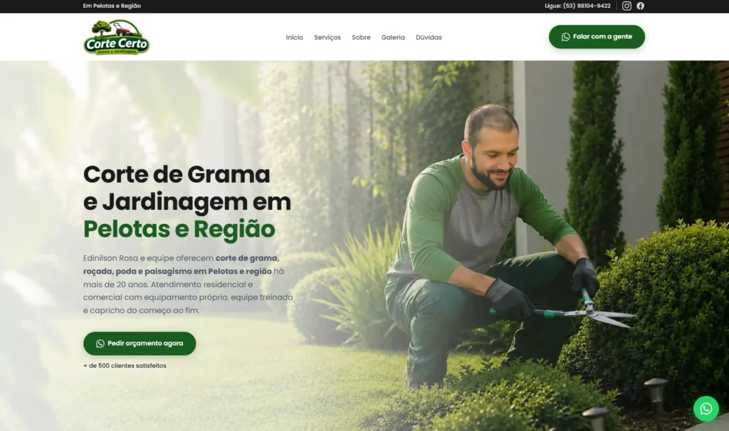 Corte Certo - Corte de Grama e Jardinagem, site profissional, criado pela Impulsiona Sites