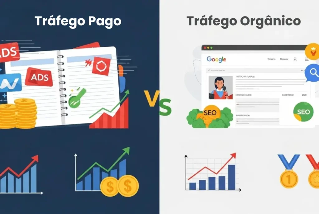 Diferença entre tráfego pago e tráfego orgânico ilustrada com gráficos de crescimento, anúncios patrocinados e resultados orgânicos no Google - Impulsiona Sites