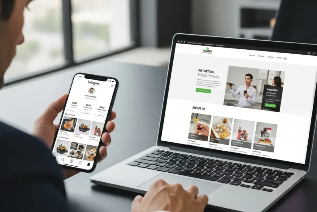 Empresário analisando no notebook um site profissional enquanto segura o celular aberto no Instagram, representando a dúvida entre site ou Instagram para vender.