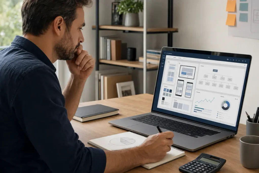 Empresário analisando quanto custa criar um site profissional em 2026 no notebook.