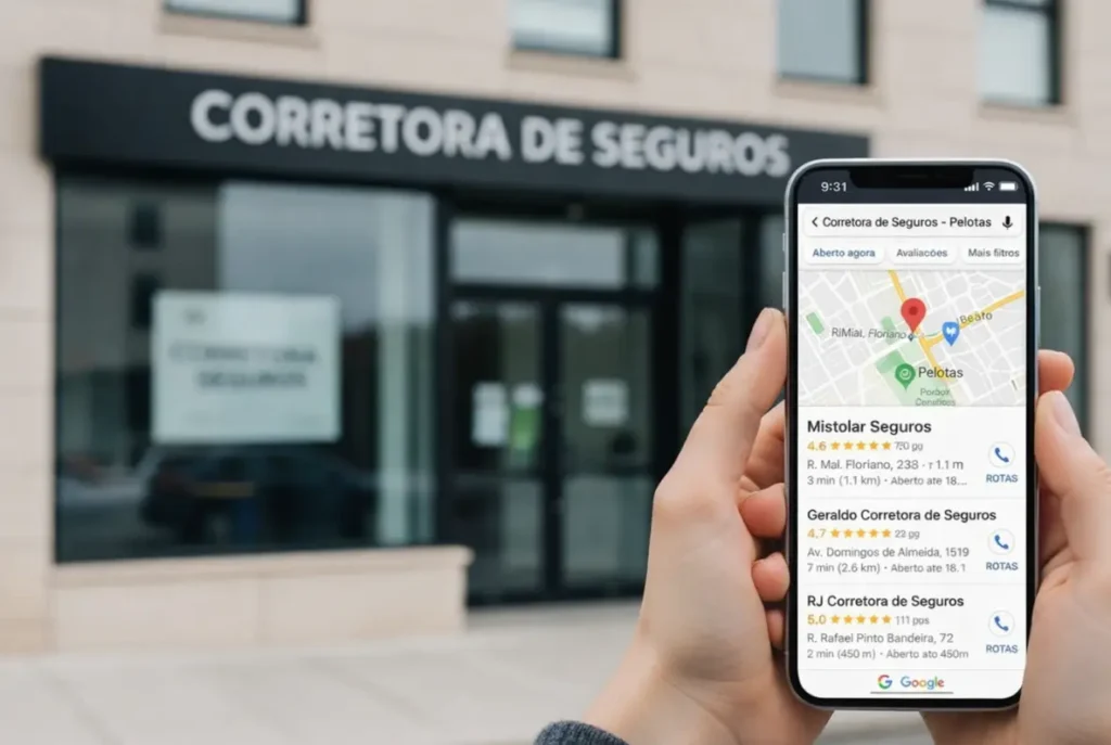 Google Meu Negócio para corretora de seguros: cliente utiliza o smartphone para localizar a empresa no Google Maps enquanto está em frente ao estabelecimento em Pelotas. Blog da Impulsiona Sites