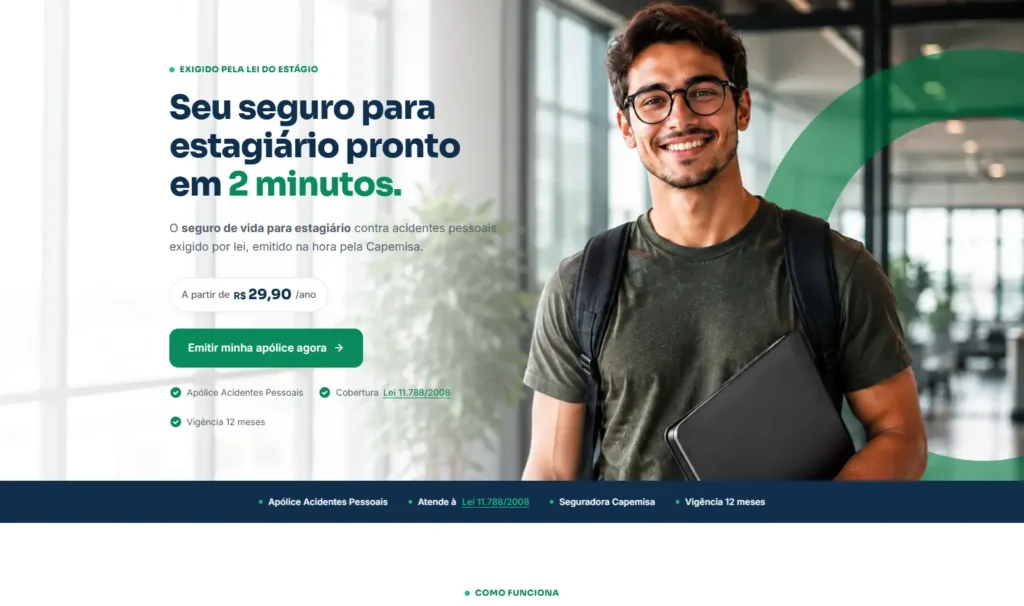 Landing Page Seguro Estagiário da Okena Corretora de Seguros - Criado pela Impulsiona Sites. Criação de sites em Pelotas e região.