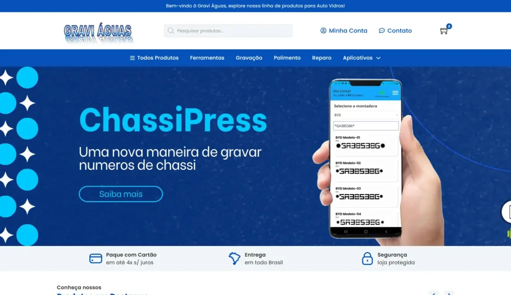 Loja E-commerce da empresa Loja Gravi Àguas desenvolvido pela Impulsiona Sites para potencializar o serviço de vendas online. Projeto de site profissional criado pela Impulsiona Sites
