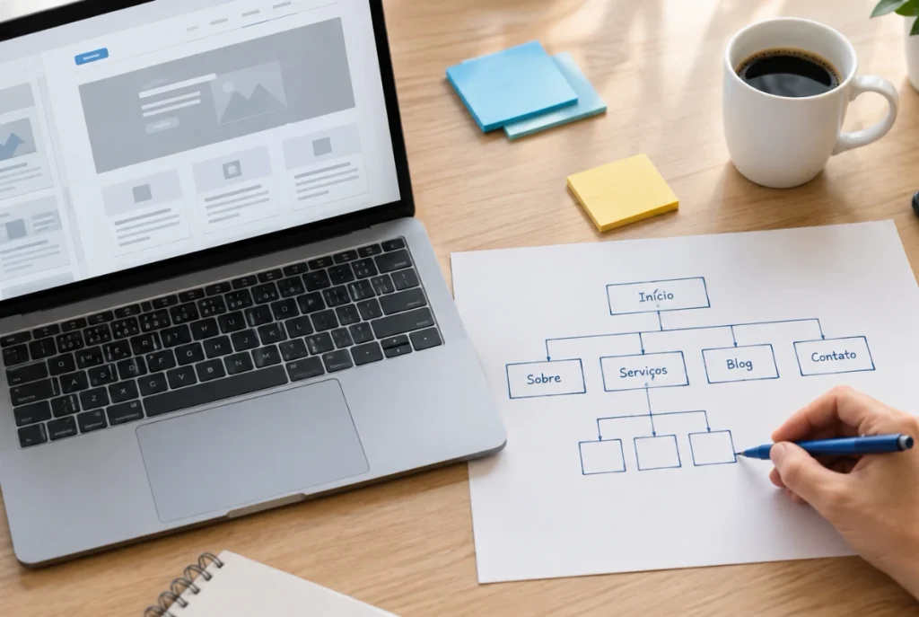 Mapa de site desenhado à mão ao lado de um notebook, mostrando quantas páginas um site deve ter em uma empresa