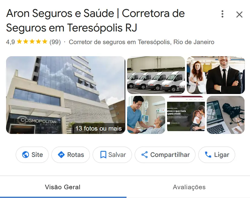 Perfil Google Meu Negócio da Empresa Aron Seguros e Saúde - Criado pela Impulsiona Sites em Pelotas com Atendimento Nacional