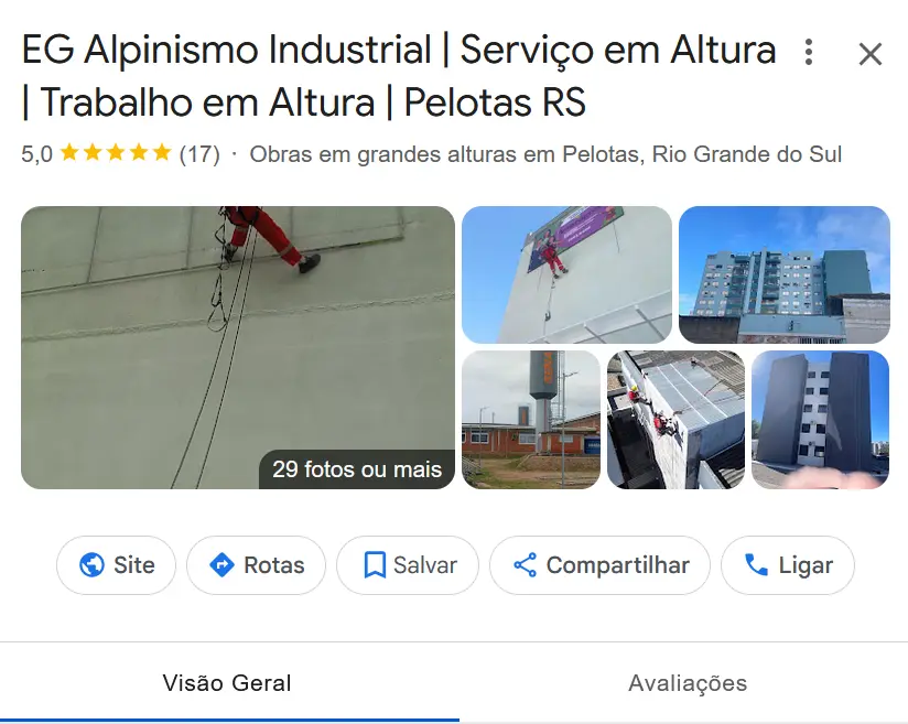 Perfil Google Meu Negócio da Empresa EG Alpinismo Industrial - Criado pela Impulsiona Sites em Pelotas com Atendimento Nacional