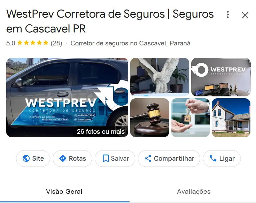 Perfil Google Meu Negócio da Empresa Westprev Corretora de Seguros - Criado pela Impulsiona Sites em Pelotas com Atendimento Nacional