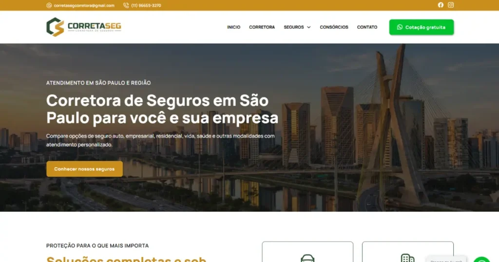 Serviço de criação de site para a empresa Correta Seg Seguros sem São Paulo pela Impulsiona Sites com foco em SEO. Projeto de site profissional criado pela Impulsiona Sites