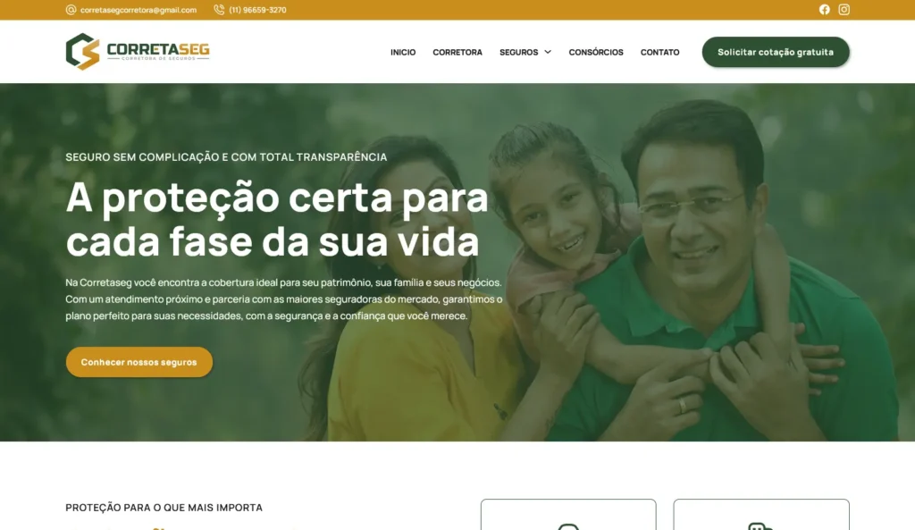 Serviço de criação de site para a empresa Correta Seg Seguros pela Impulsiona Sites com foco em SEO. Projeto de site profissional criado pela Impulsiona Sites