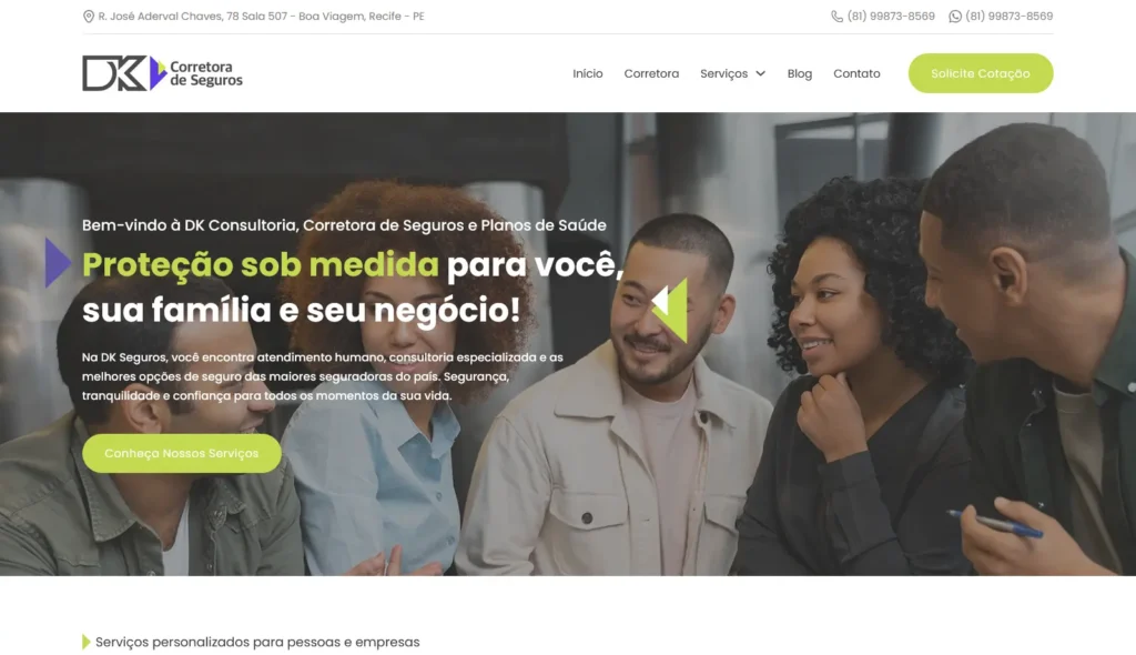 Serviço de SEO e criação de site para a empresa DK Seguros pela Impulsiona Sites, atendendo todo o Brasil. Projeto de site profissional criado pela Impulsiona Sites