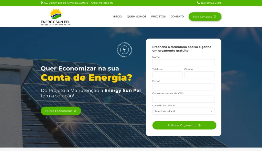 Serviço de criação de site para a empresa Energy Sun realizado pela Impulsiona Sites em Pelotas RS. Projeto de site profissional criado pela Impulsiona Sites