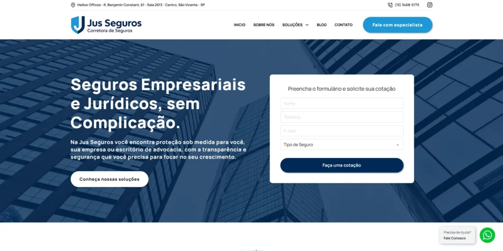 Site Jus Seguros - Corretora de Seguros - Criação Impulsiona Sites