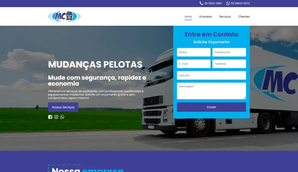 Empresa Mudanças Pelotas com site profissional criado pela Impulsiona Sites em Pelotas RS para todo o Brasil. Projeto de site profissional criado pela Impulsiona Sites