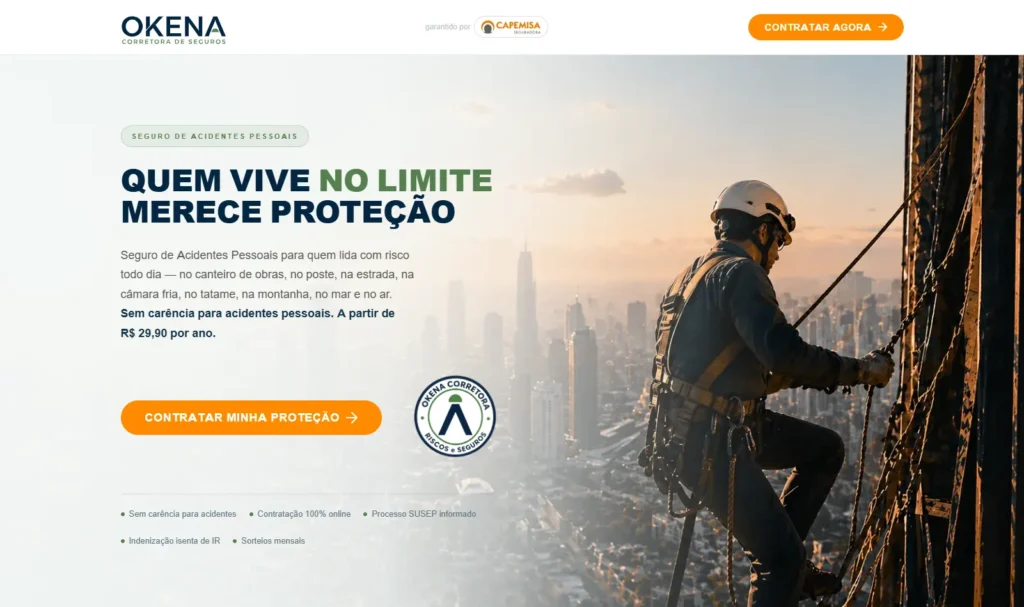 Site Okena Corretora de Seguros - Seguros Acidentes Pessoais - Criado pela Impulsiona Sites - Empresa se criação de sites em Pelotas. Atendimento em Pelotas e todo o Brasil