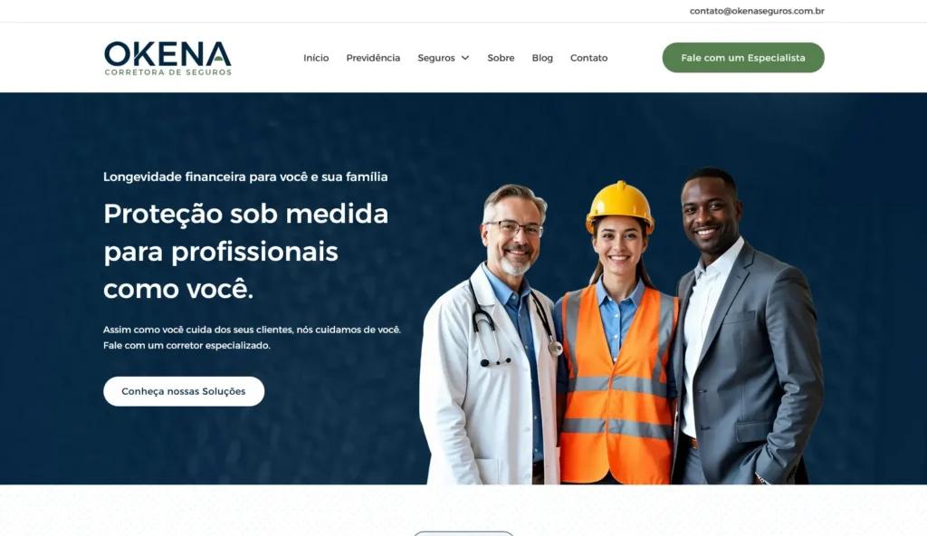 Site da empresa Okena Seguros com design moderno e SEO de alta performance pela Impulsiona Sites. Projeto de site profissional criado pela Impulsiona Sites