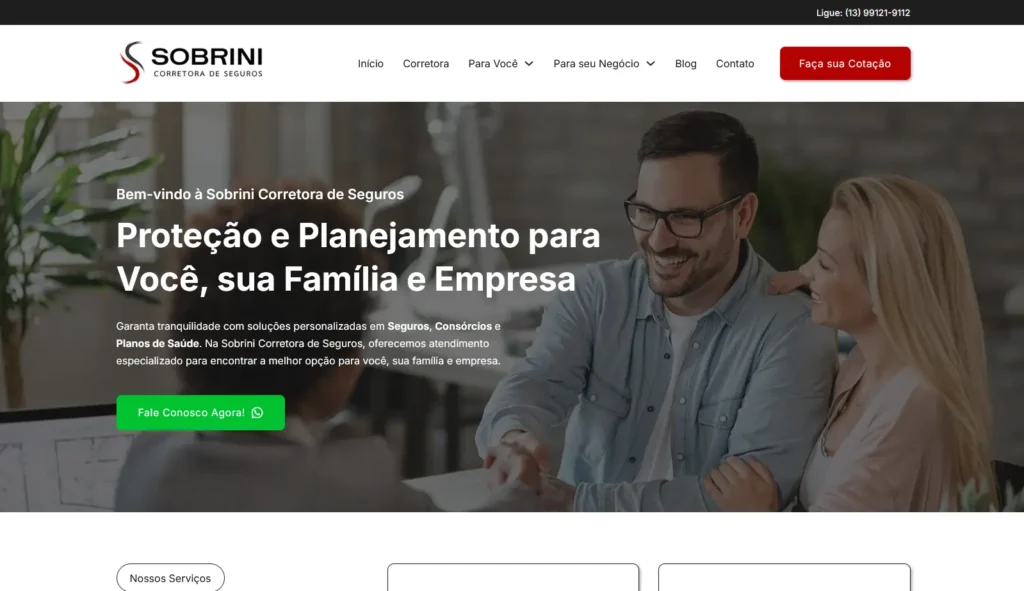 Empresa Sobrini Seguros com site desenvolvido pela Impulsiona Sites para dominar o topo do Google. Projeto de site profissional criado pela Impulsiona Sites