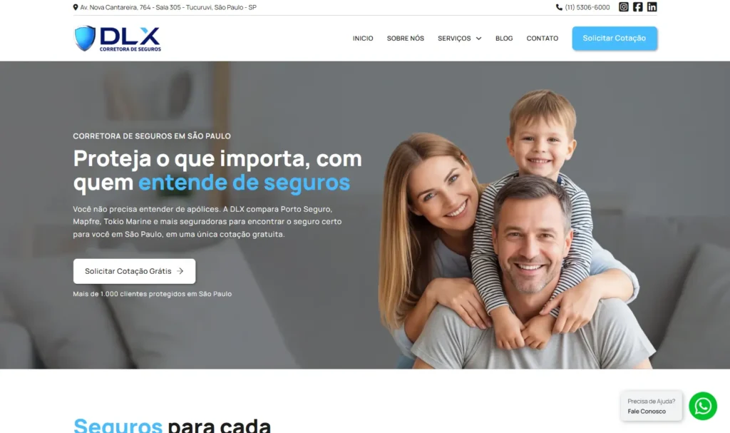 Site da DLX Corretora de Seguros, criado pela Impulsiona Sites, criação de sites profissionais