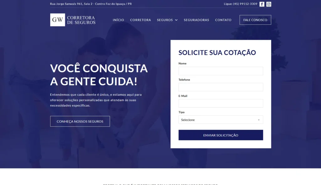 Site da empresa GW Seguros desenvolvido pela Impulsiona Sites com foco em resultados e performance. Projeto de site profissional criado pela Impulsiona Sites