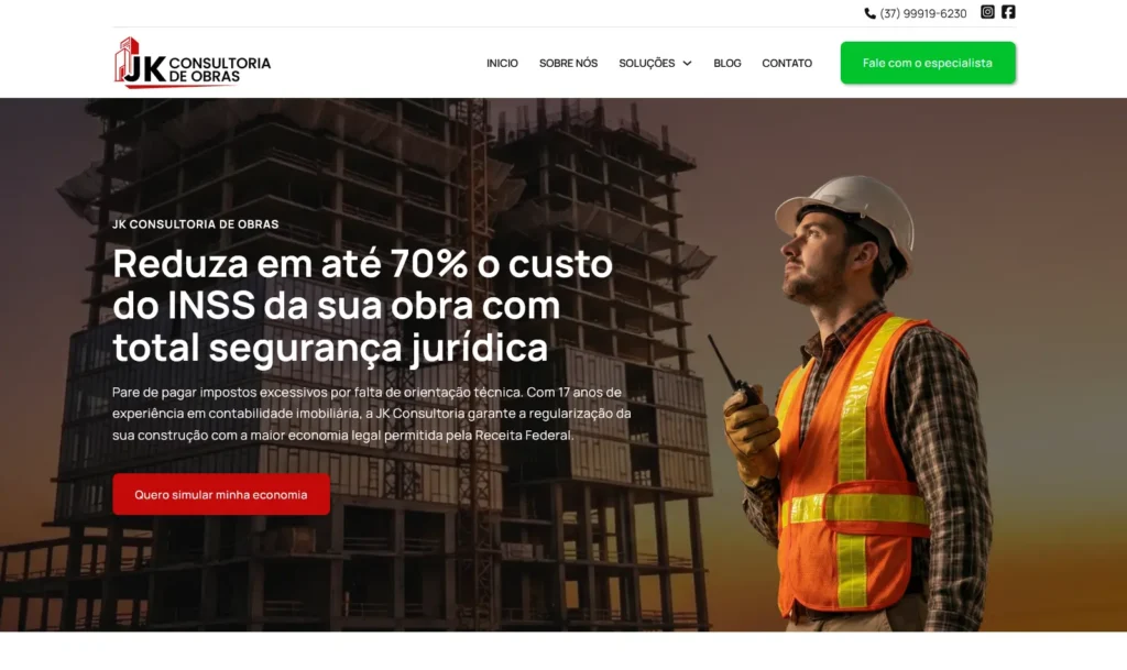 Site da JK Consultoria de Obras, criado pela Impulsiona Sites, Criação de Sites e Otimização de Perfil do Google, em Pelotas e todo o Brasil