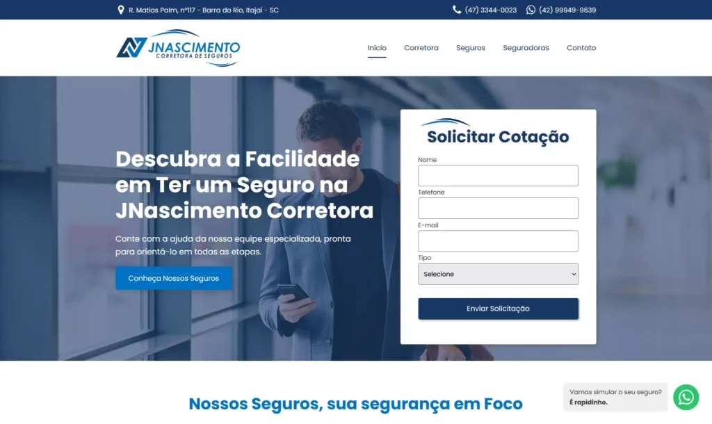 Site da JNascimento Seguros, criado pela Impulsiona Sites, Criação de Sites e Otimização de Perfil do Google, em Pelotas e todo o Brasil v1