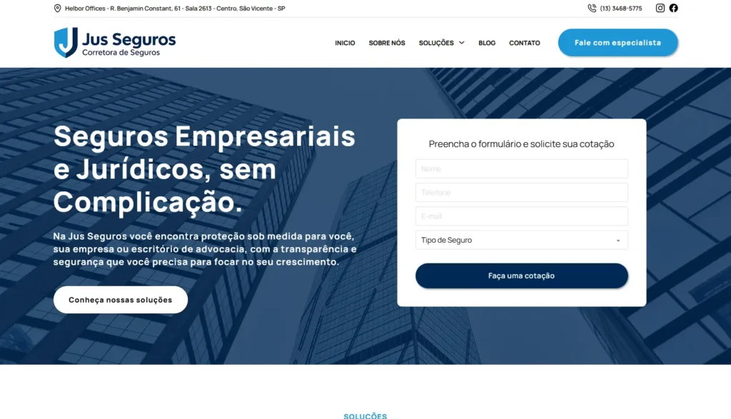 Serviço de criação de site para a empresa Jus Seguros realizado pela Impulsiona Sites com foco em resultados. Projeto de site profissional criado pela Impulsiona Sites