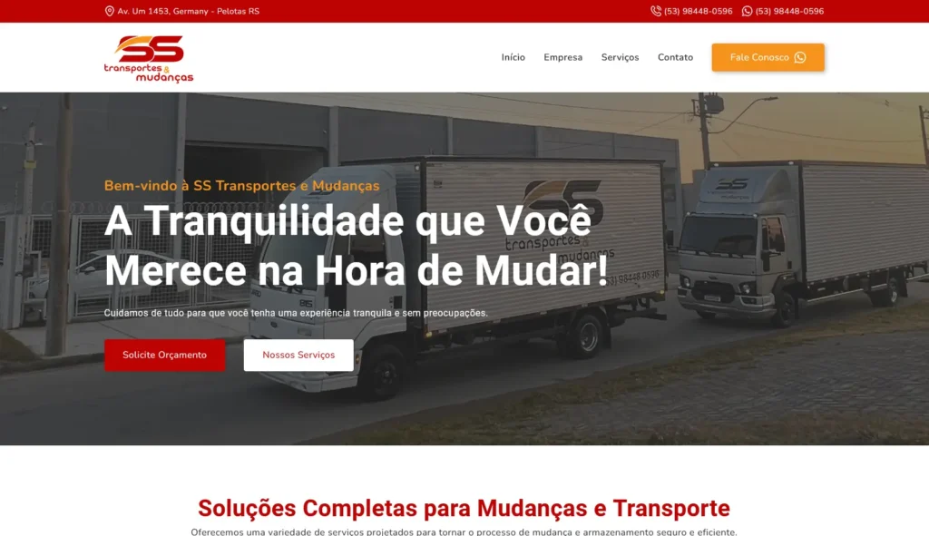 Empresa SS Transportes e Mudanças com site otimizado para buscas criado pela Impulsiona Sites. Projeto de site profissional criado pela Impulsiona Sites