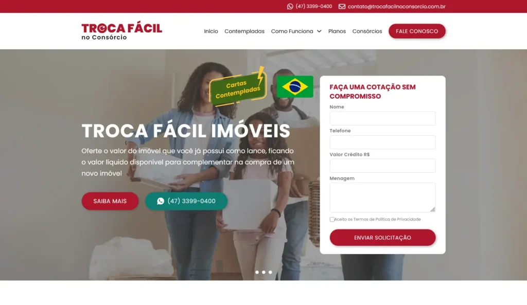 Site da empresa Troca Fácil no Consórcio desenvolvido pela Impulsiona Sites com foco em SEO. Projeto de site profissional criado pela Impulsiona Sites