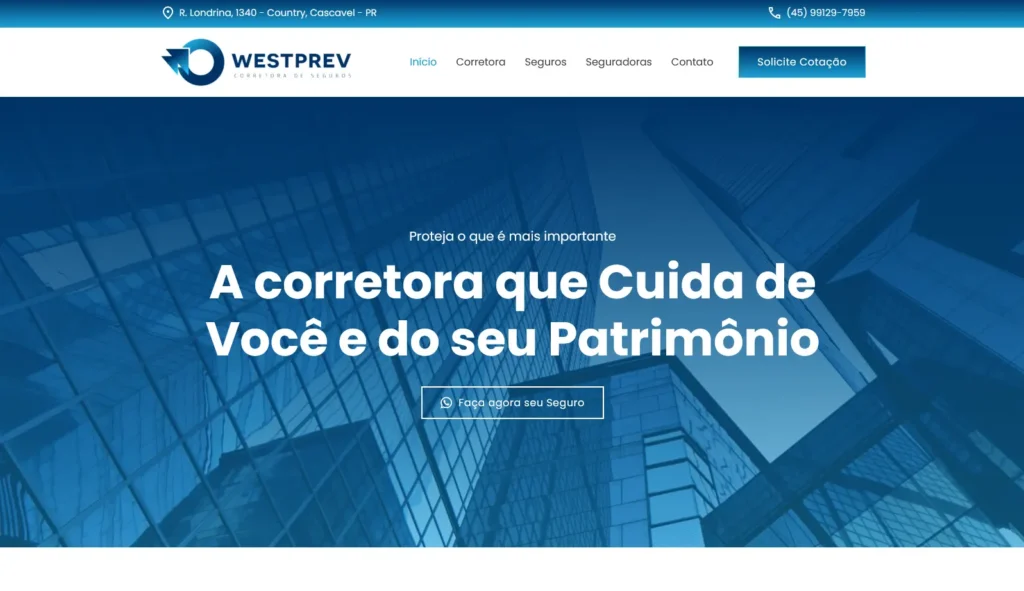 Serviço de criação de site para a empresa Westprev Seguros pela Impulsiona Sites com foco em SEO. Projeto de site profissional criado pela Impulsiona Sites