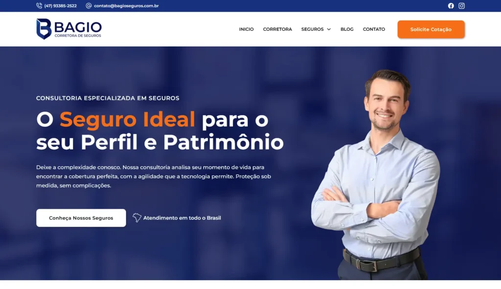 Site da empresa Bagio Seguros desenvolvido pela Impulsiona Sites com foco em SEO e performance digital. Projetos de Criação de Sites e SEO - Cases de sucesso da Impulsiona Sites Projeto de site profissional criado pela Impulsiona Sites
