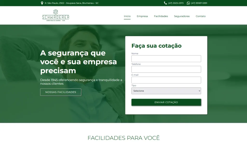 Empresa Schwaderer Seguros com site profissional criado pela Impulsiona Sites para melhor posicionamento no Google. Projeto de site profissional criado pela Impulsiona Sites