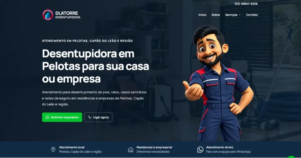 Site para desentupidora em Pelotas/RS: Dlatorre Desentupidora, criado pela Impulsiona Sites